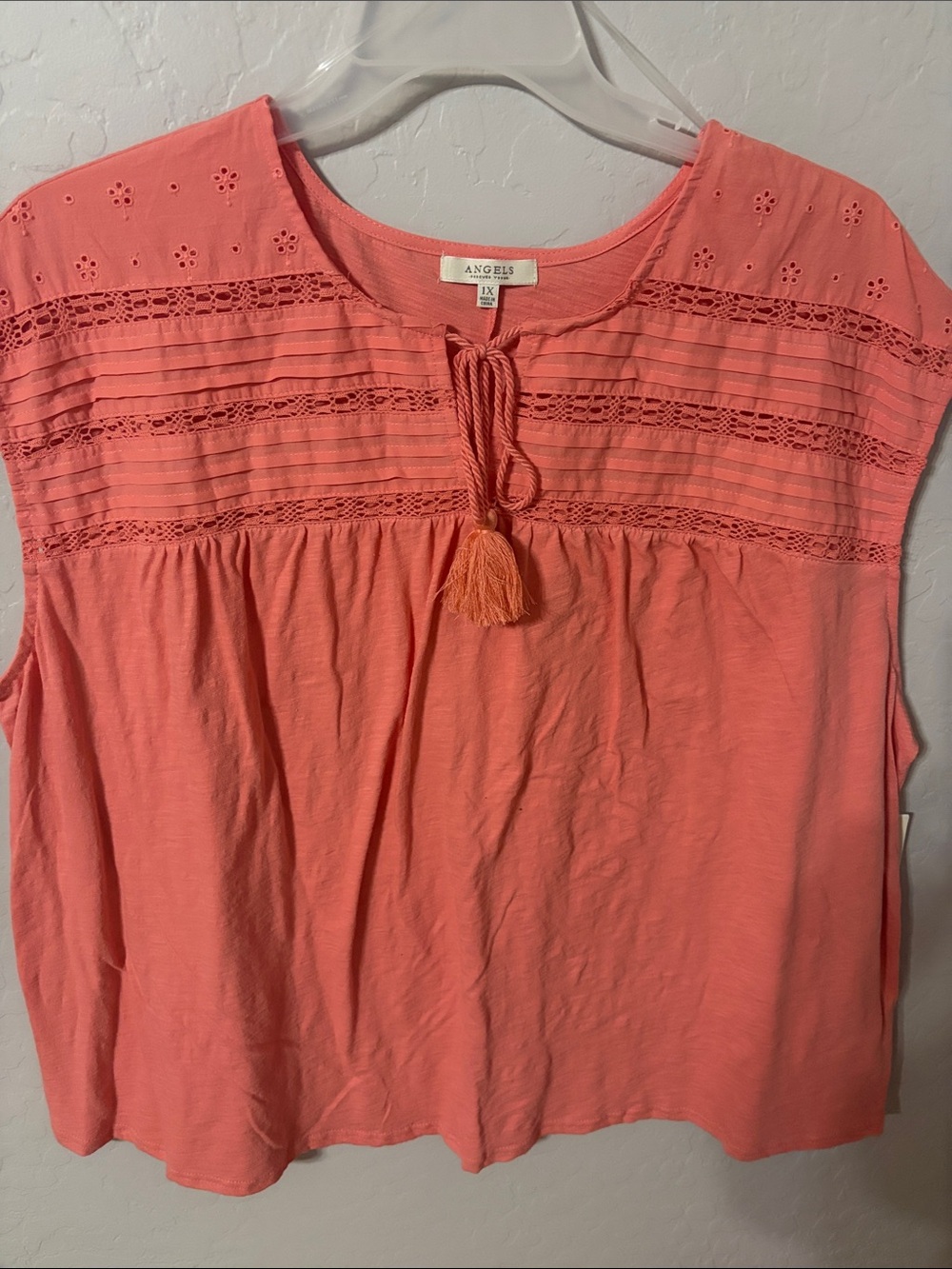 Angels Coral Crochet-Trim Tassel Sleeveless Top